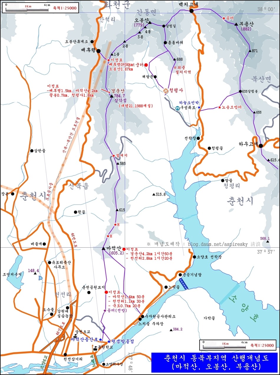 춘천분지 종주 산행개념도