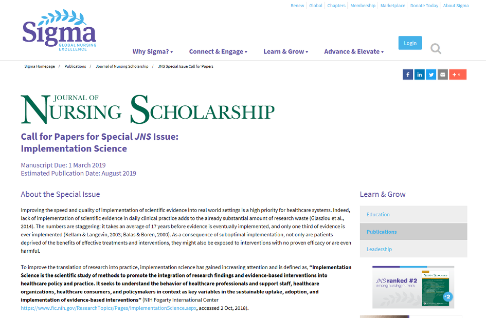 Journal of Nursing Scholarship (Top 1%) Special Issue-Call of Papers