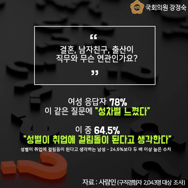 채용 면접 시 성차별 질문 ‘벌금’ 추진한다 / 장정숙 의원, ‘남녀고용평등법 개정안’ 대표발의